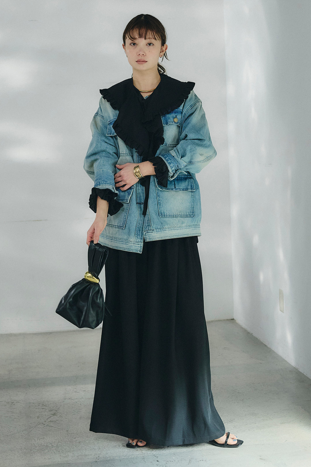 [SET]ノーカラーデニムポケットジャケット+コットンフリルブラウス+ベルト付きタックデザインハイウエストロングパンツ(3set)