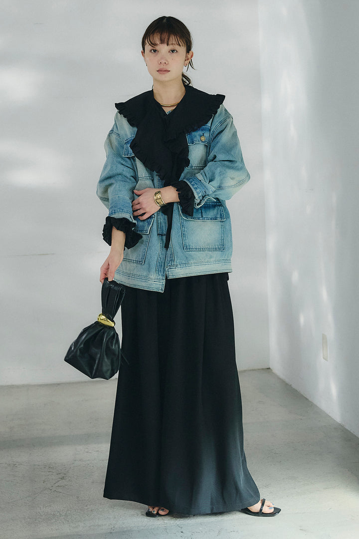 [SET]ノーカラーデニムポケットジャケット+コットンフリルブラウス+ベルト付きタックデザインハイウエストロングパンツ(3set)