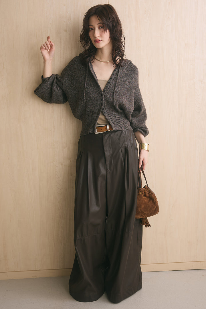[SET]ボリュームスリーブフードカーディガン+レザーライクタックボリュームパンツ(2set)