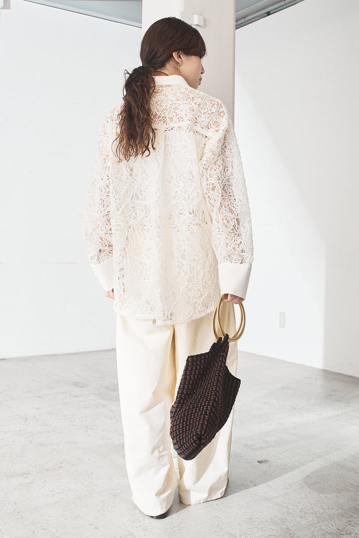 [SET]刺繍レースオーバーサイズシャツ+合繊ツイルパイピングタックカーブパンツ(2set)