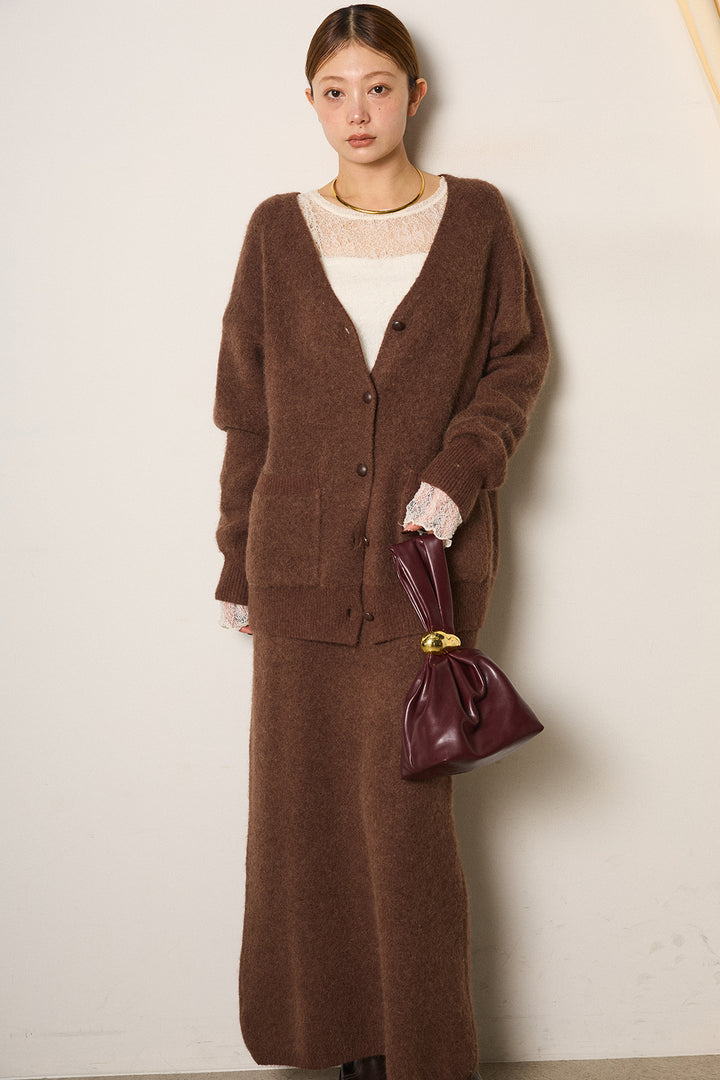 [SET]丸ボタン起毛ニットカーディガン+起毛ニットロングスカート+ストレッチレースクルーネックプルオーバー(3set)