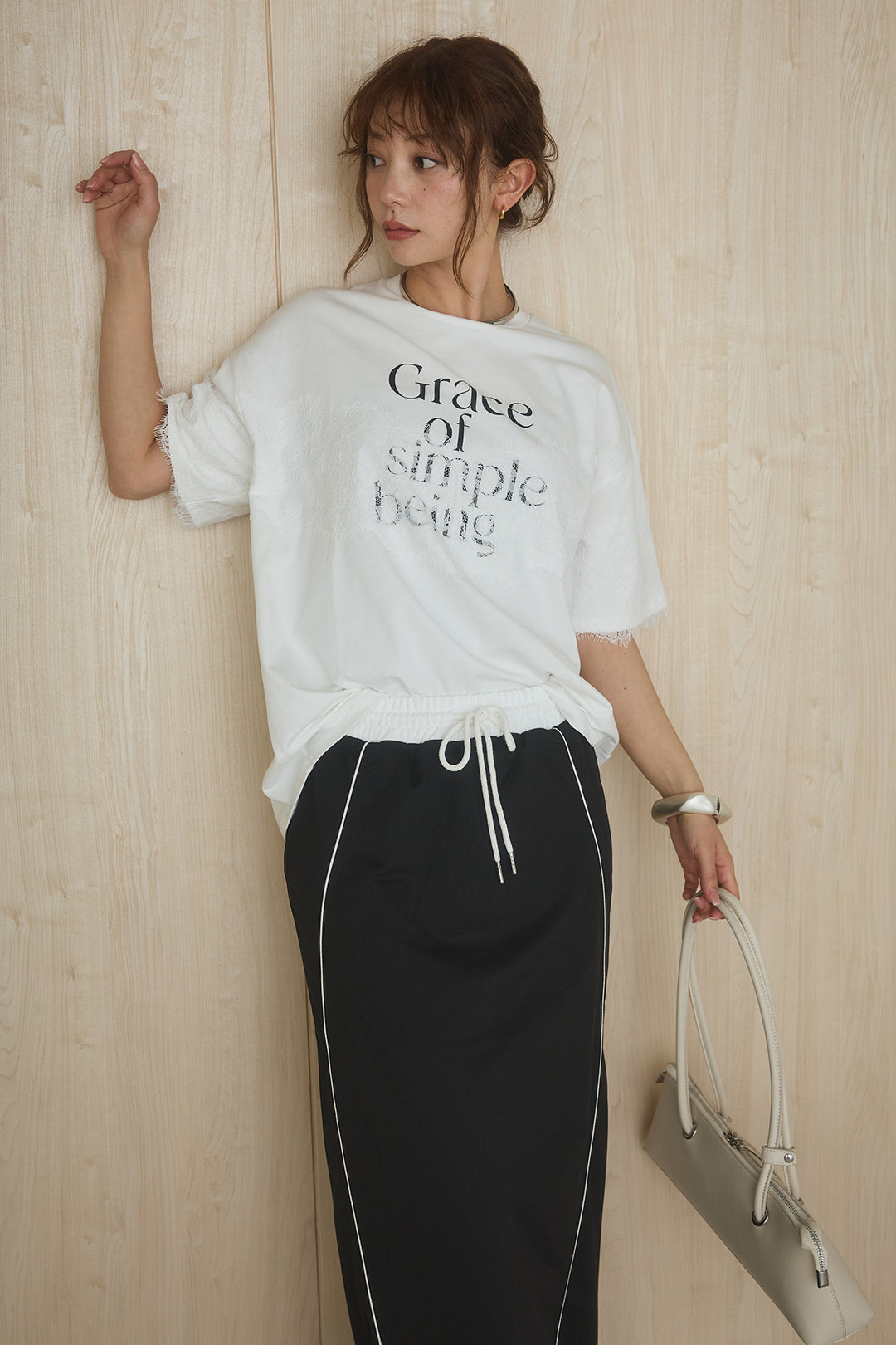 [SET]レースロゴプリントTシャツ+ミニ裏毛ストレートスカート(2set)