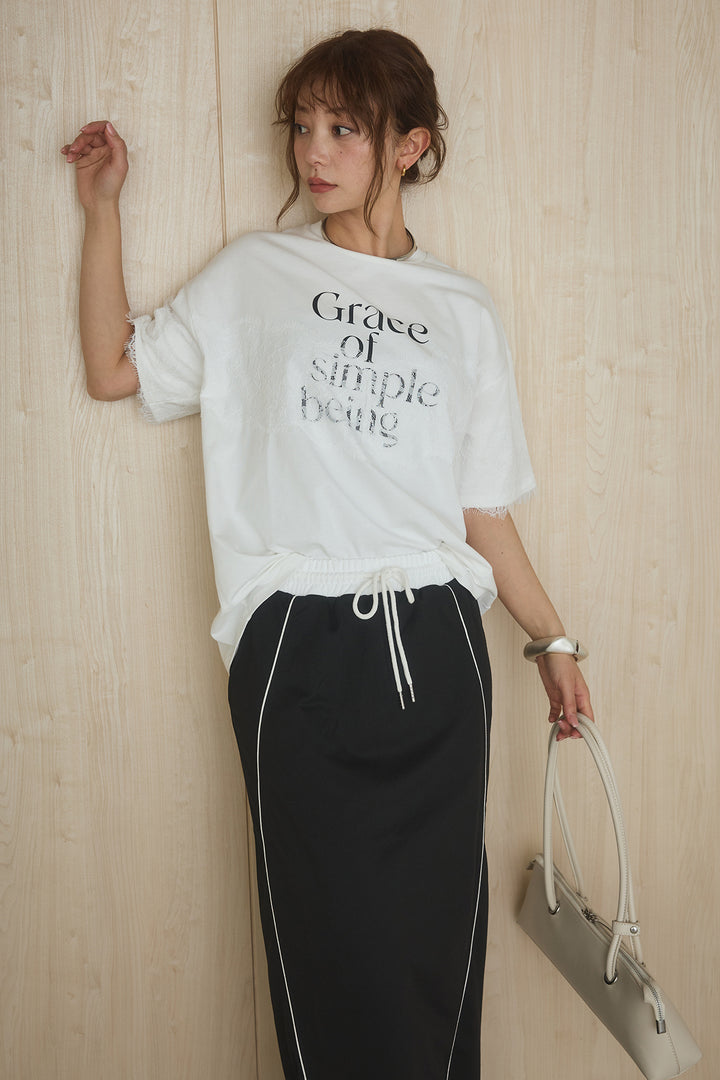 [SET]レースロゴプリントTシャツ+ミニ裏毛ストレートスカート(2set)