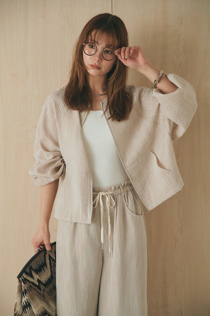 [SET]麻混ノーカラーブルゾン+麻混ウエストドロストパンツ(2set)