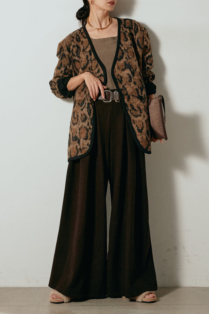 [SET]ノーカラーレオパード柄アウター+フェイクレザー太ベルト付きタックワイドパンツ(2set)
