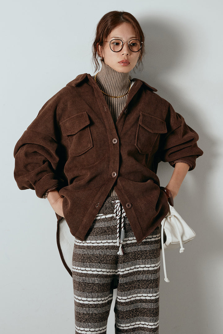 [SET]襟付きコーデュロイポケットシャツ+マルチライン柄リラックスニットパンツ(2set)