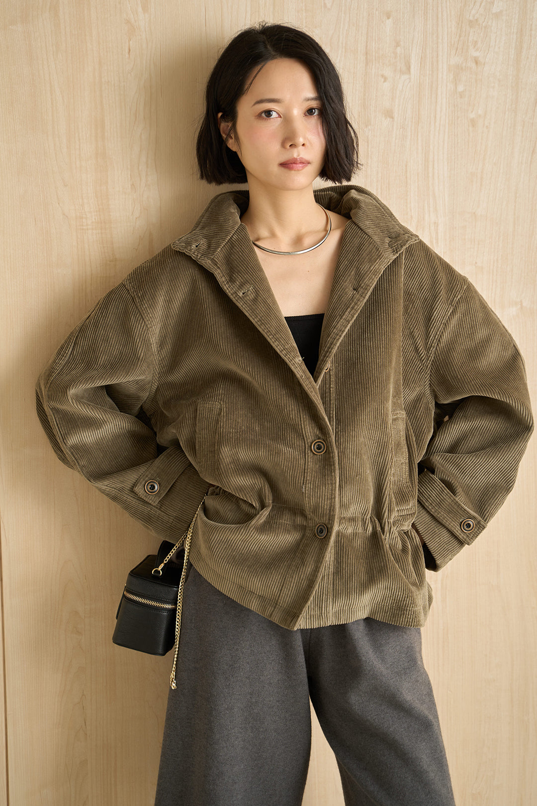 [SET]コーデュロイスタンドカラージャケット+リラックスニットショートパンツ(2set)