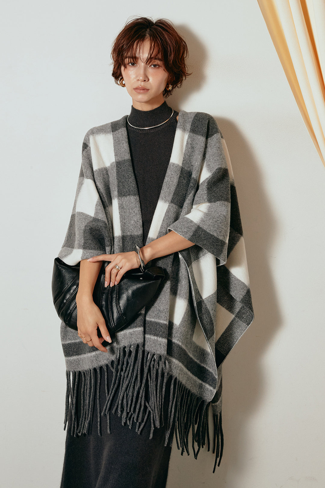 [SET]裾フリンジ柄ポンチョアウター+ノースリーブニットロングワンピース(2set)