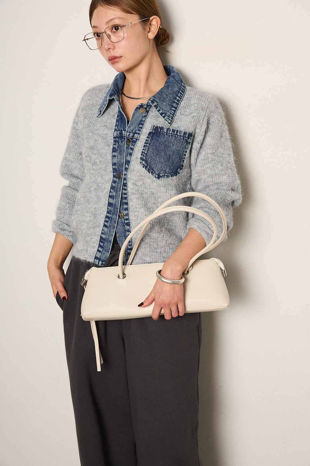 [SET]襟付きデニム切替ニットカーディガン+裏起毛スウェットワイドパンツ(2set)