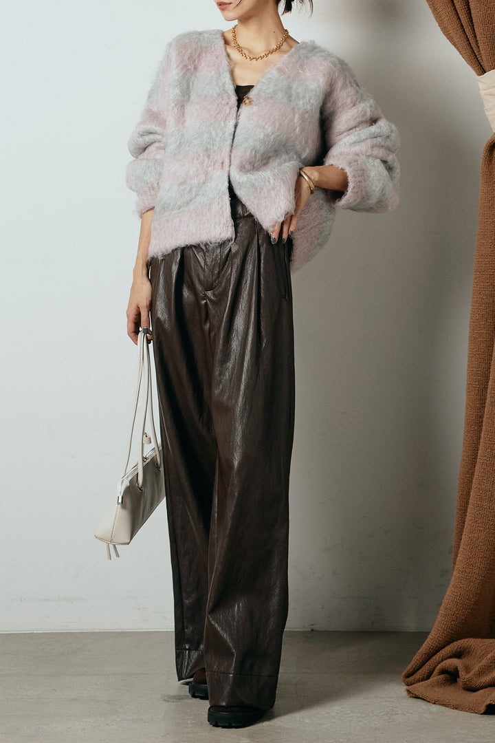 [SET]シャギーボーダー柄ニットカーディガン+ベルト付きレザーライクタックパンツ(2set)