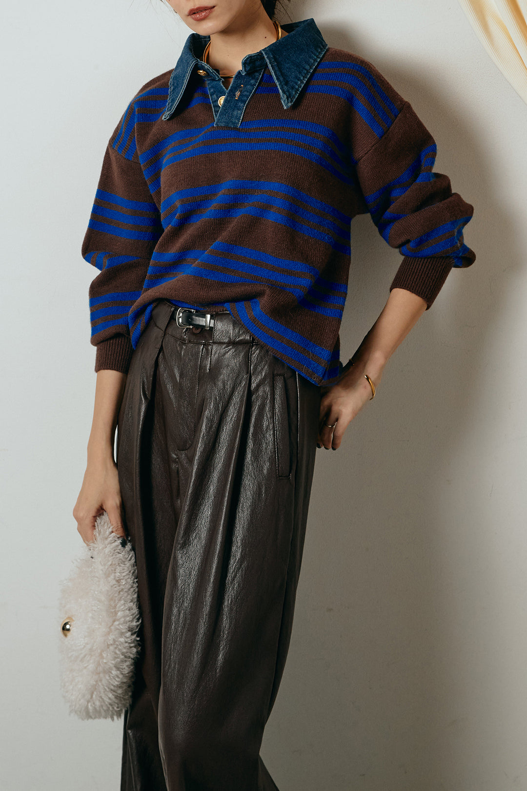 [SET]デニムレイヤード風ランダムボーダーニットプルオーバー+ベルト付きレザーライクタックパンツ(2set)