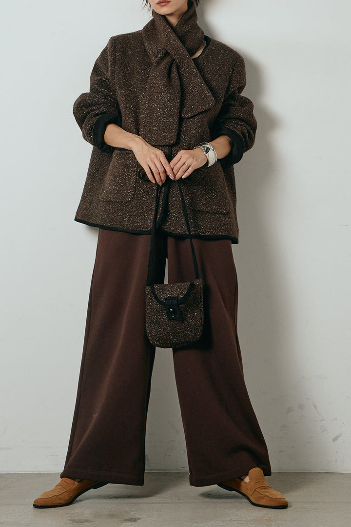 [SET]ノーカラーマフラーバッグ付きアウター+裏起毛スウェットワイドパンツ(2set)