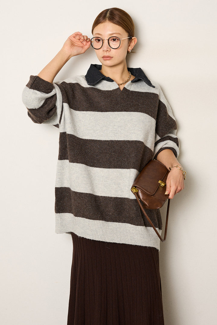 [SET]デニムカラーボーダールーズニット+編み地切り替えフレアニットスカート(2set)