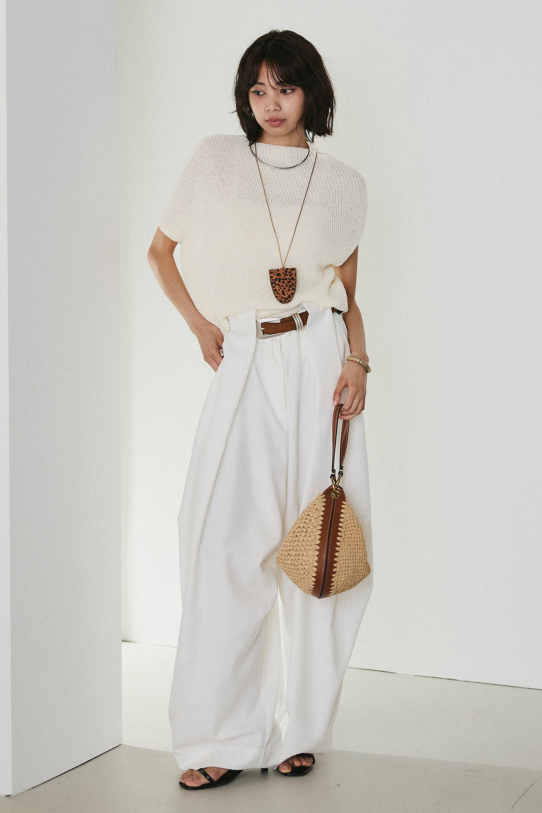 [SET]フレンチリブニットプルオーバー+ベルトループワイドパンツ(2set)