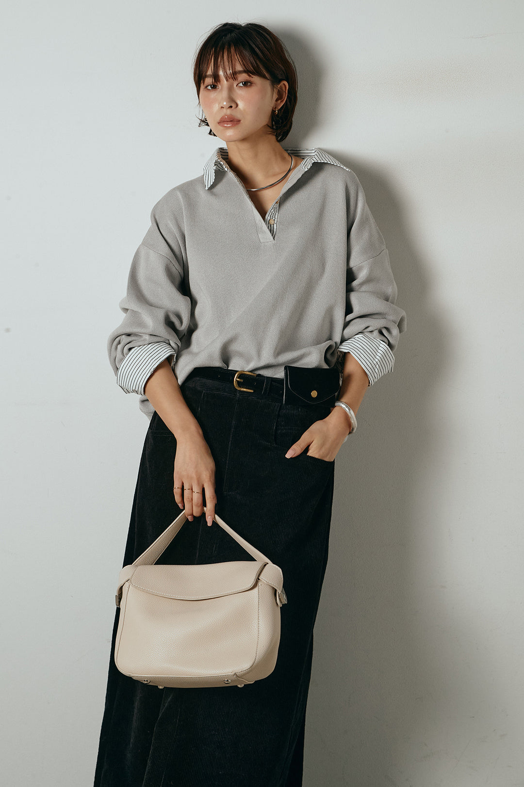 [SET]ストライプシャツドッキングポロトップス+ポーチベルト付きコーデュロイワイドスカート(2set)