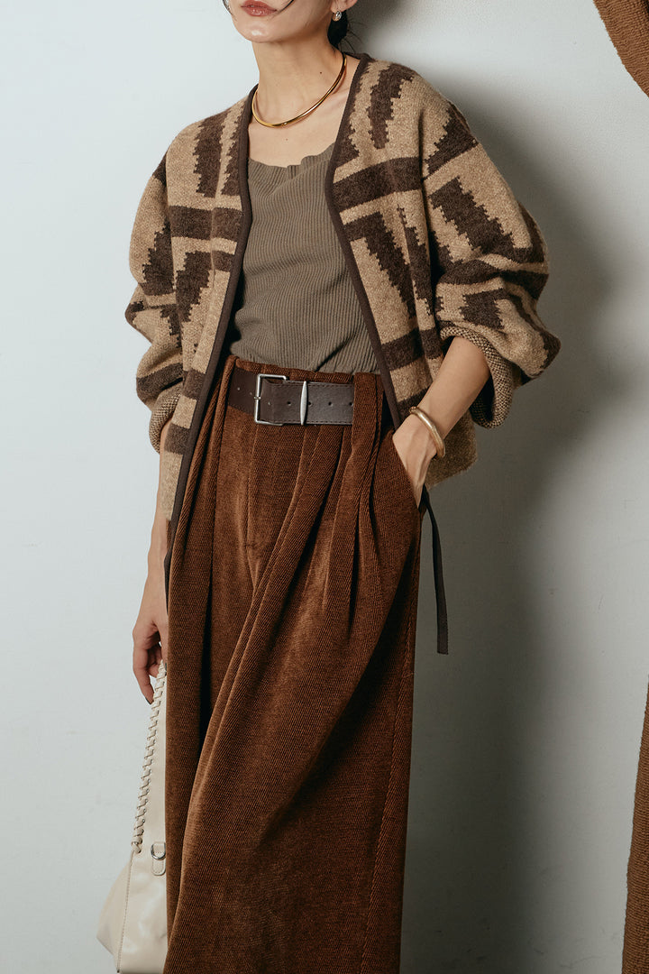 [SET]ノーカラー幾何学模様アウター+ベルトループコーデュロイワイドパンツ(2set)
