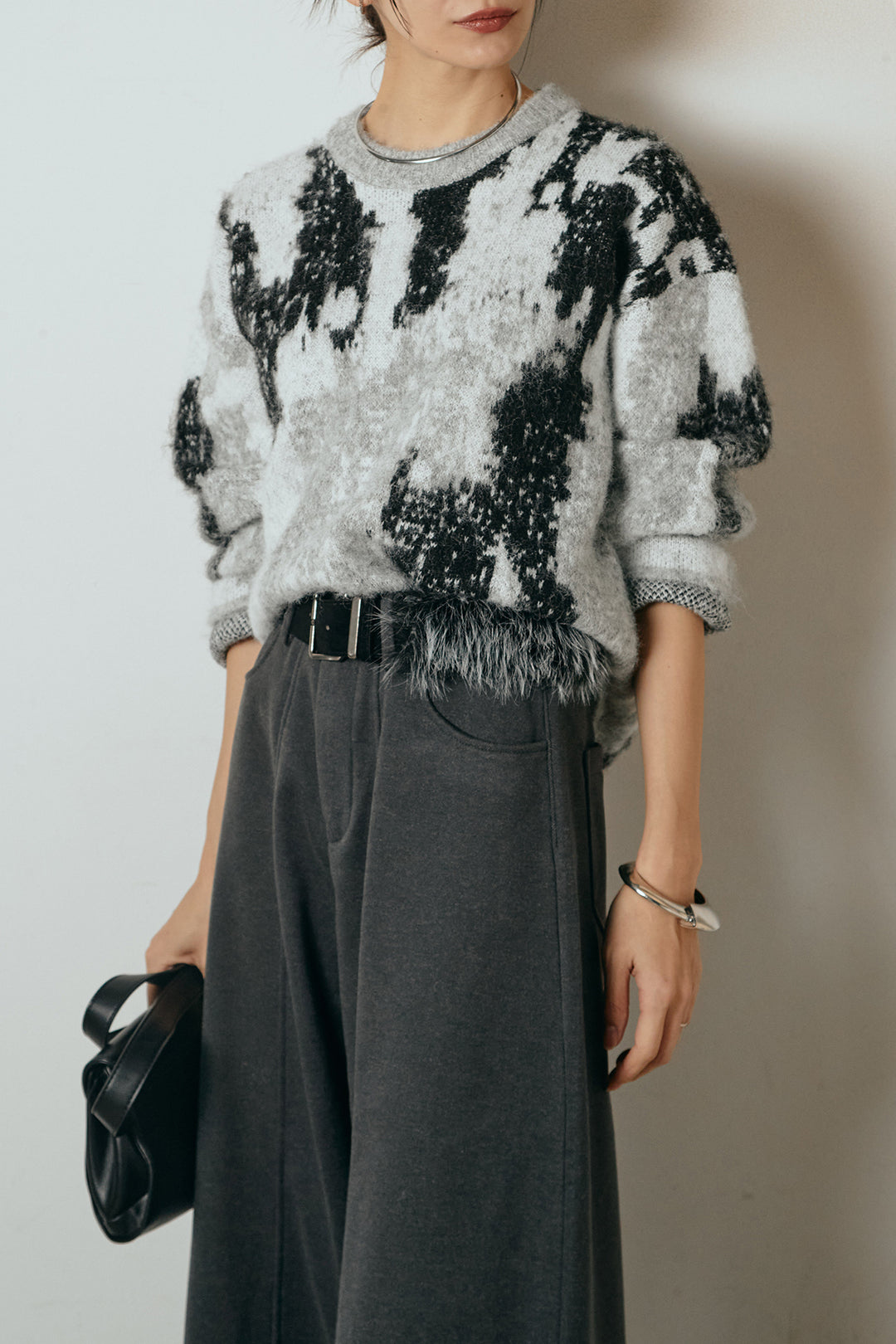 [SET]起毛ニュアンス柄ニットプルオーバー+ファーベルト付きワイドパンツ(2set)