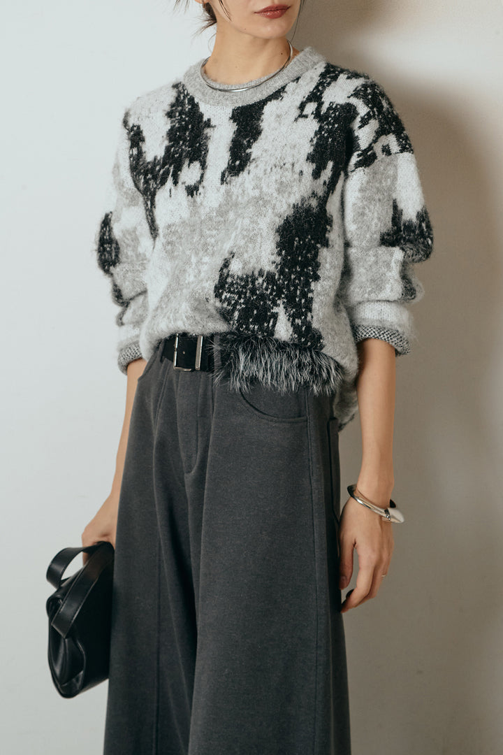 [SET]起毛ニュアンス柄ニットプルオーバー+ファーベルト付きワイドパンツ(2set)