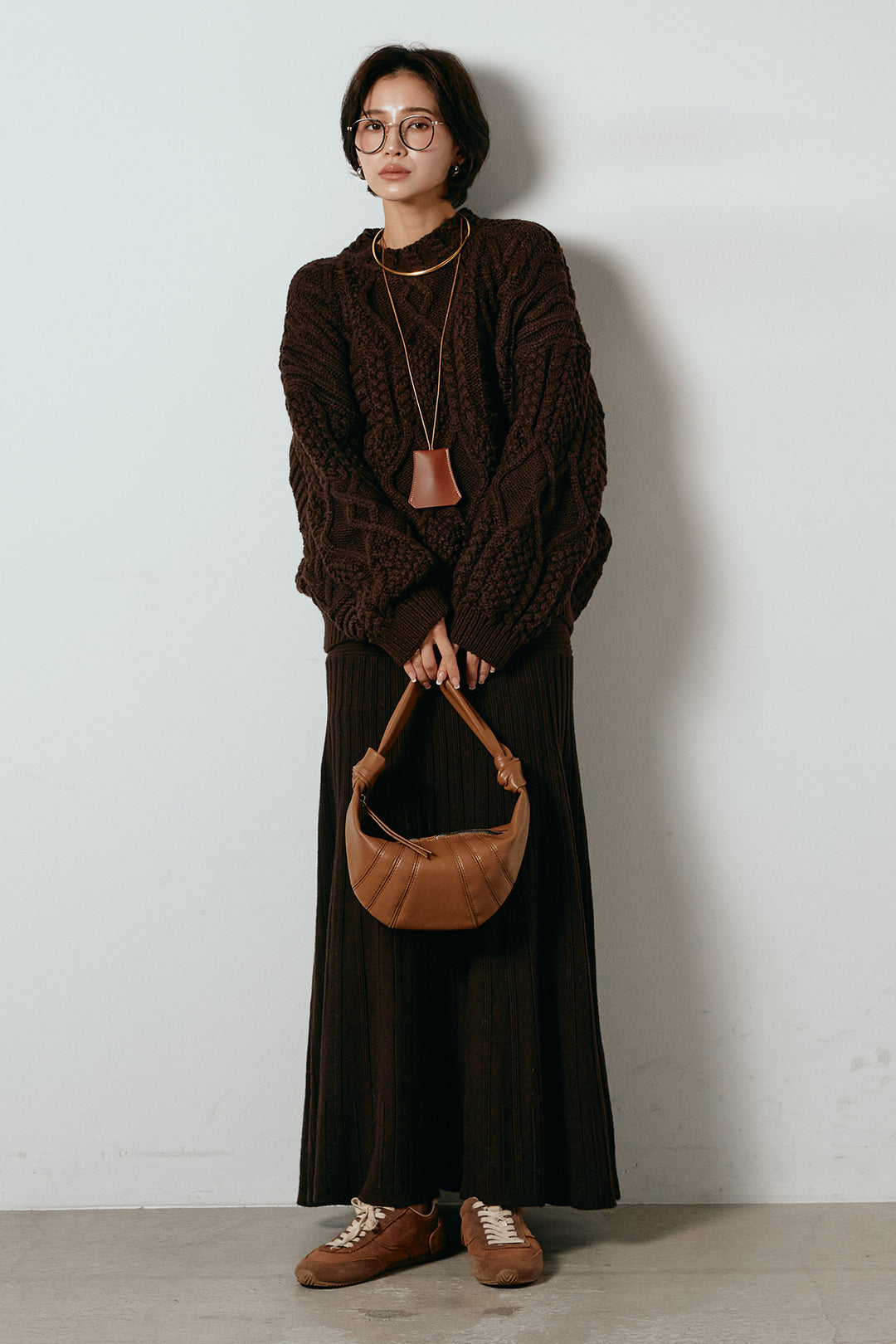 [SET]アラン柄ミックスケーブルニット+編み地切り替えフレアニットスカート(2set)