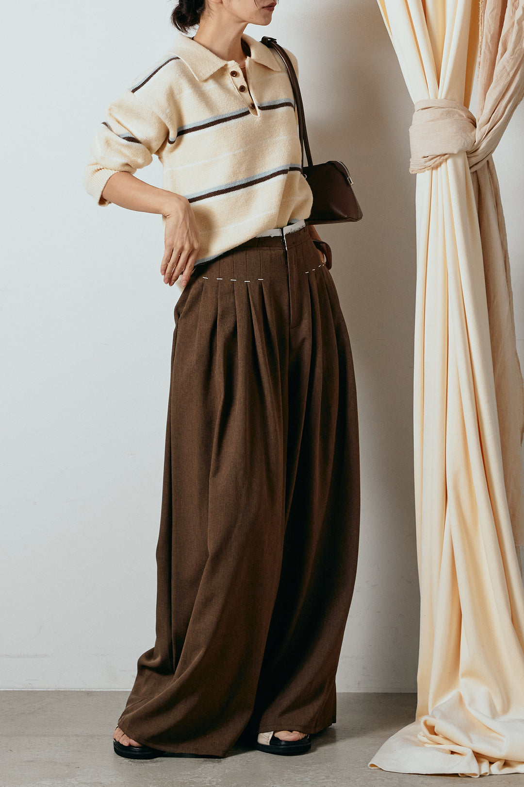 [SET]襟付きマルチボーダーニットポロトップス+ウエストステッチデザインワイドスラックス(2set)