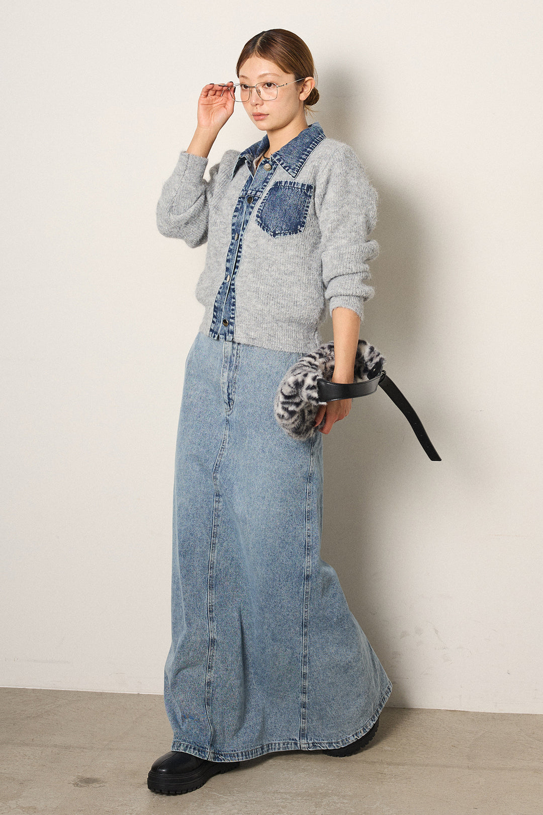 [SET]襟付きデニム切替ニットカーディガン+デニムロングフレアスカート(2set)