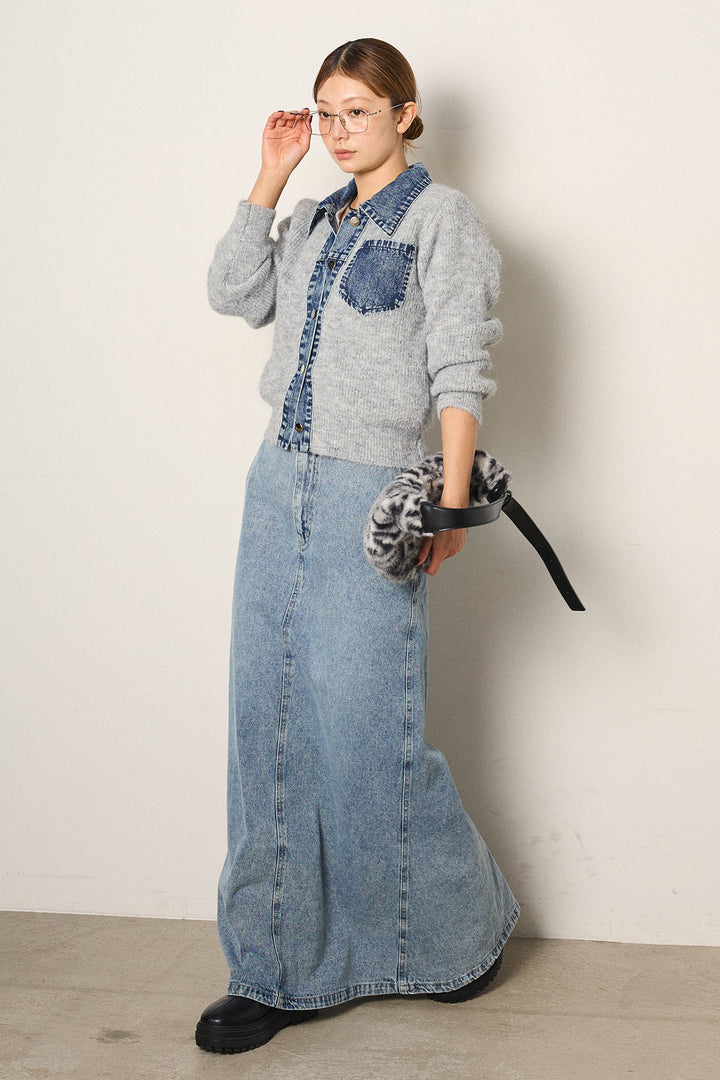 [SET]襟付きデニム切替ニットカーディガン+デニムロングフレアスカート(2set)