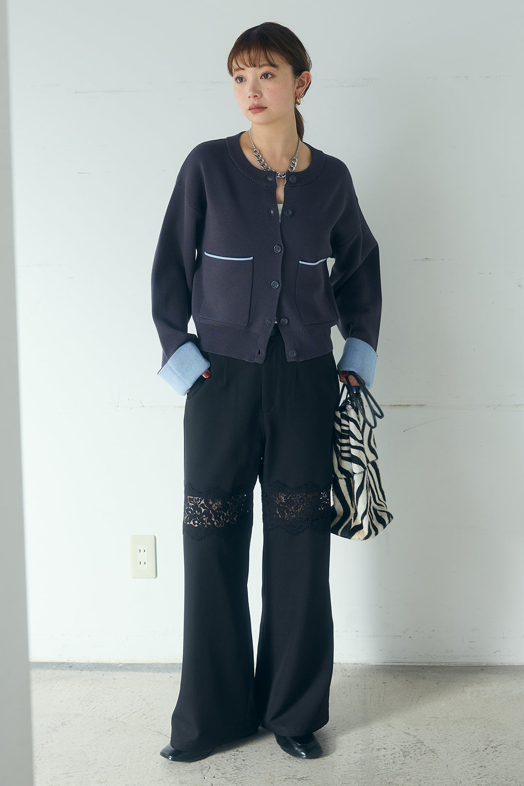 [SET]レーヨンポリダブルフェイスカーディガン+レース刺繍切替ワイドパンツ(2set)