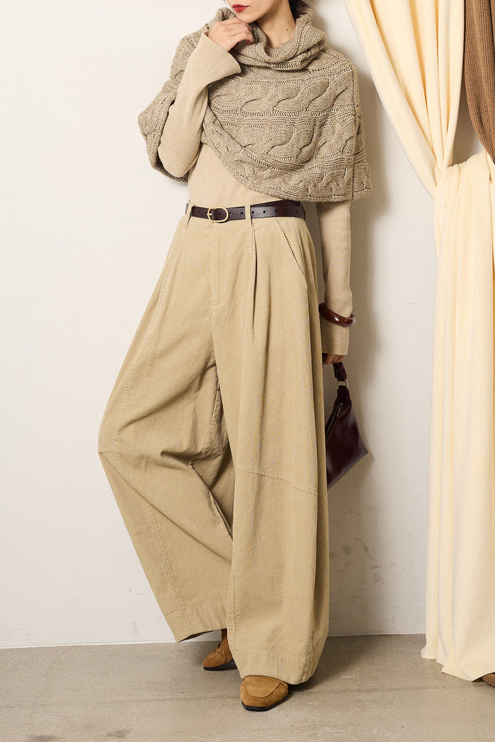 [SET]ケーブル編みケープレイヤードニット+タック入りコーデュロイワイドパンツ(2set)