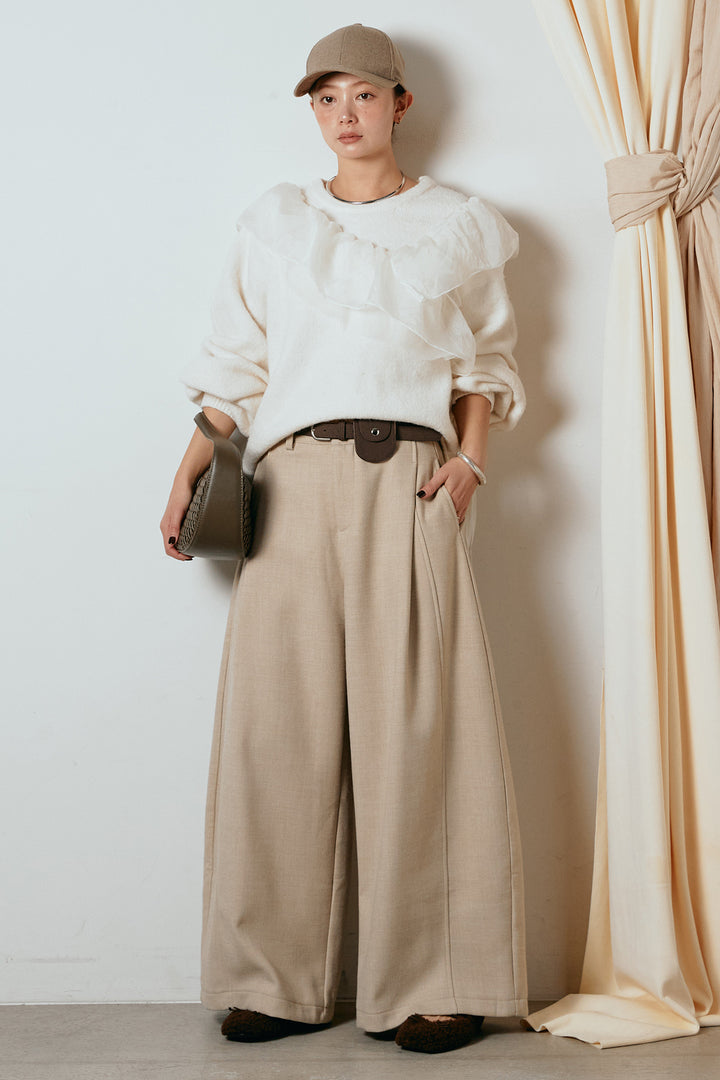 [SET]アシンメトリーフリルニットトップス+ポーチベルト付きカーブパンツ(2set)