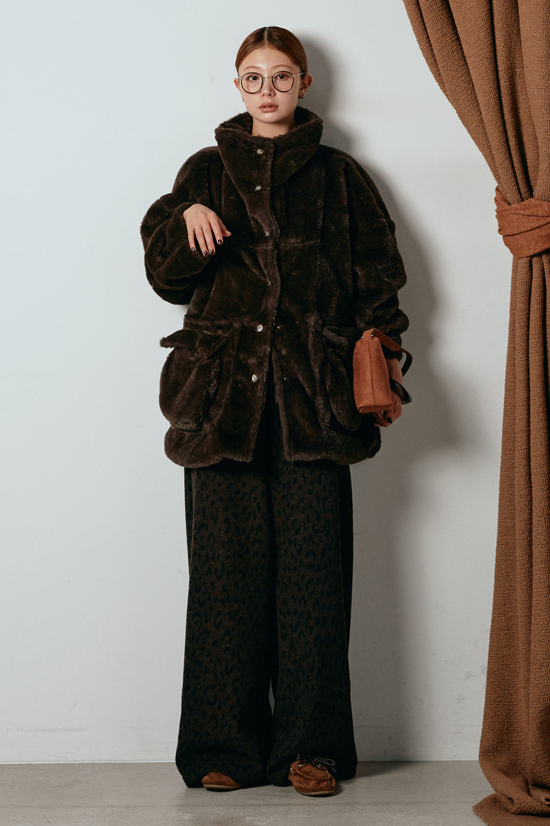 [SET]スタンドネックファーコート+レオパードジャガードニットパンツ(2set)