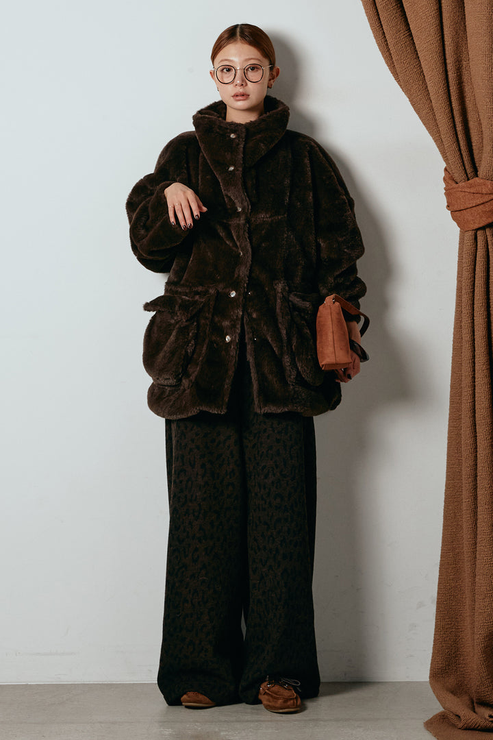 [SET]スタンドネックファーコート+レオパードジャガードニットパンツ(2set)