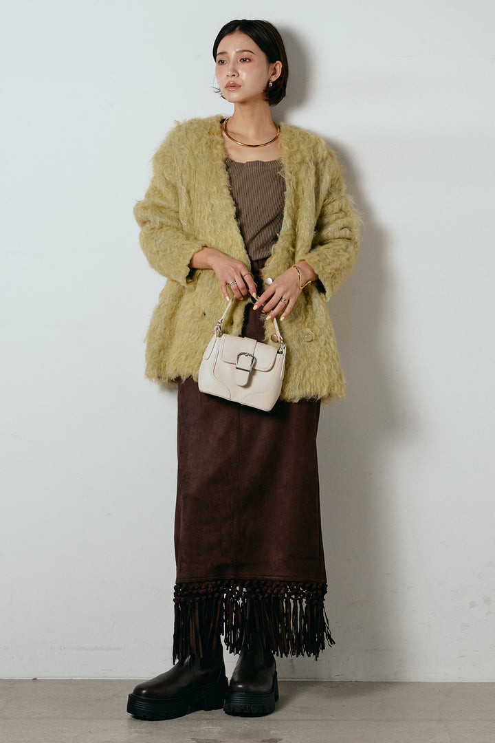 [SET]ウェーブシャギーニットジャケット+スウェードライク裾フリンジスカート(2set)