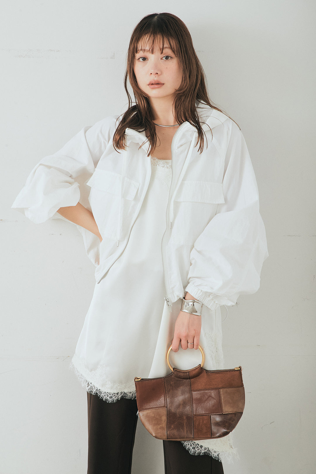 [SET]ナイロンボリュームWジップパーカーブルゾン+サテンレースアシメキャミ(2set)