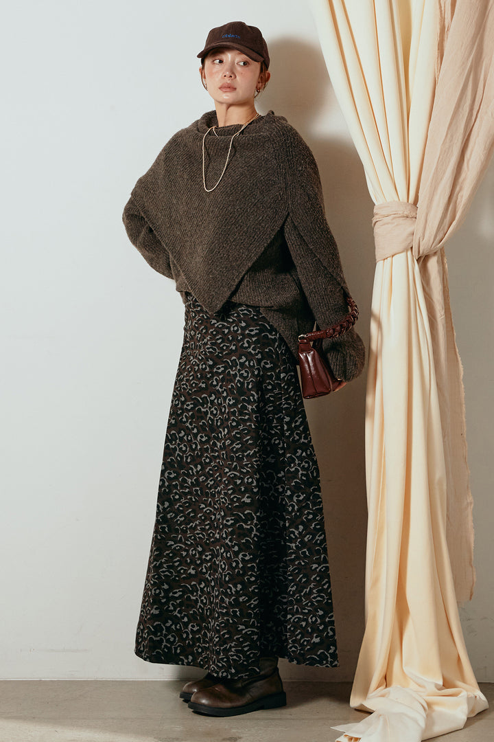 [SET]ケープデザインリブニットトップス+レオパードロングスカート(2set)