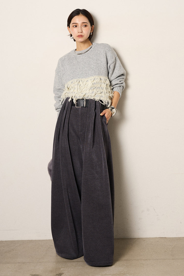 [SET]ループ編み切り替えニットプルオーバー+ベルトループコーデュロイワイドパンツ(2set)