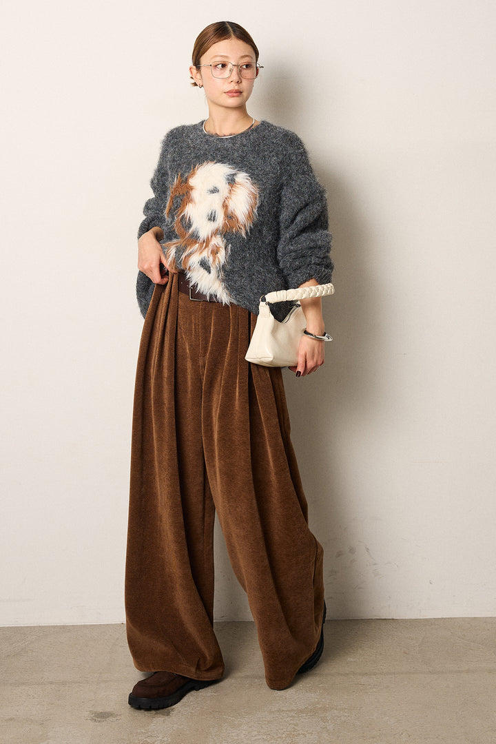 [SET]シャギーニュアンスアニマルニット+ベルトループコーデュロイワイドパンツ(2set)