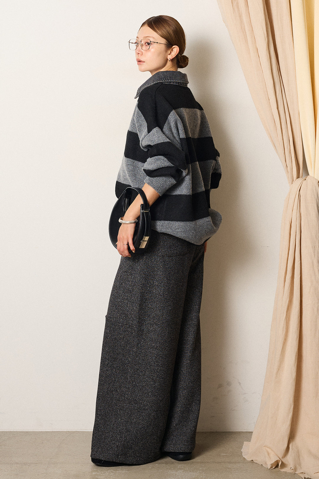 [SET]デニムカラーボーダールーズニット+太ベルト付きツイードワイドパンツ(2set)