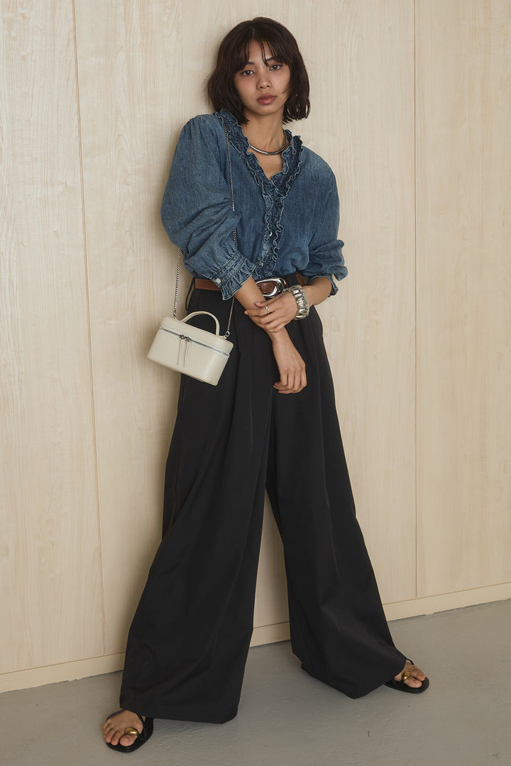 [SET]Vネックデニムフリルトップス+ベルトループデザインハイウエストタックパンツ(2set)