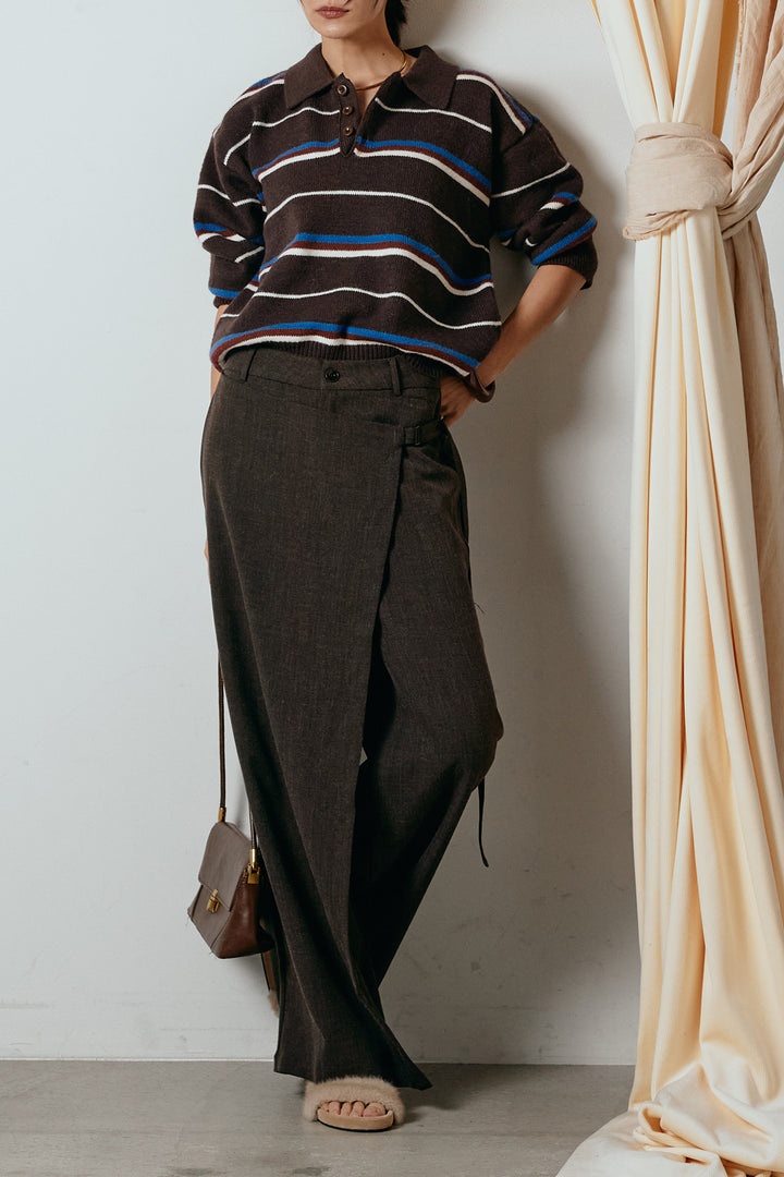 [SET]襟付きマルチボーダーニットポロトップス+ラップ巻きワイドスラックス(2set)