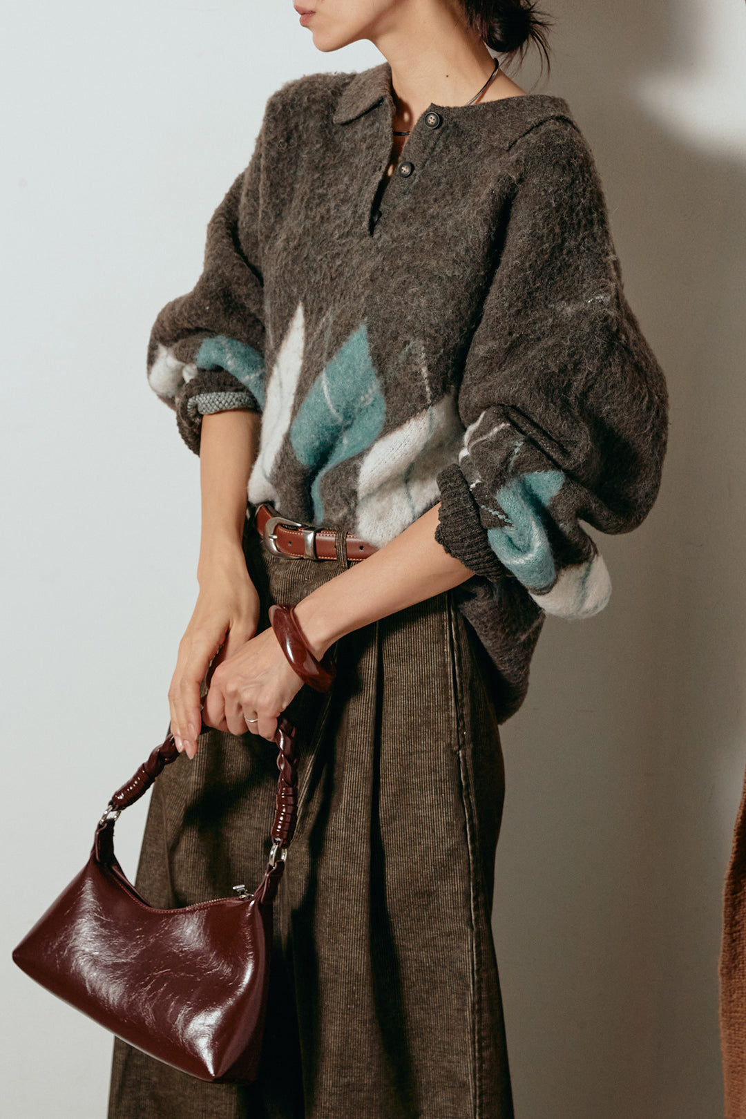 [SET]アーガイル柄ポロニットトップス+フロントタック入りコーデュロイパンツ(2set)