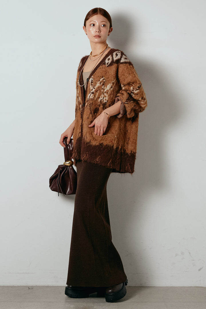 [SET]シャギーニュアンス柄ニットカーディガン+リブナローニットスカート(2set)