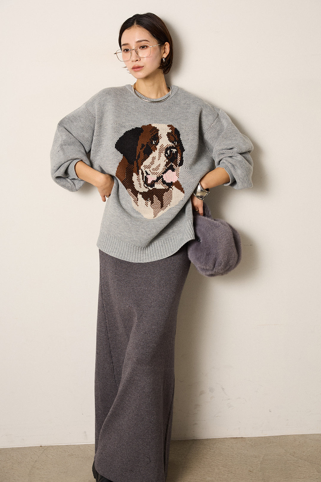 [SET]アニマルジャガード柄ニットトップス+リブナローニットスカート(2set)