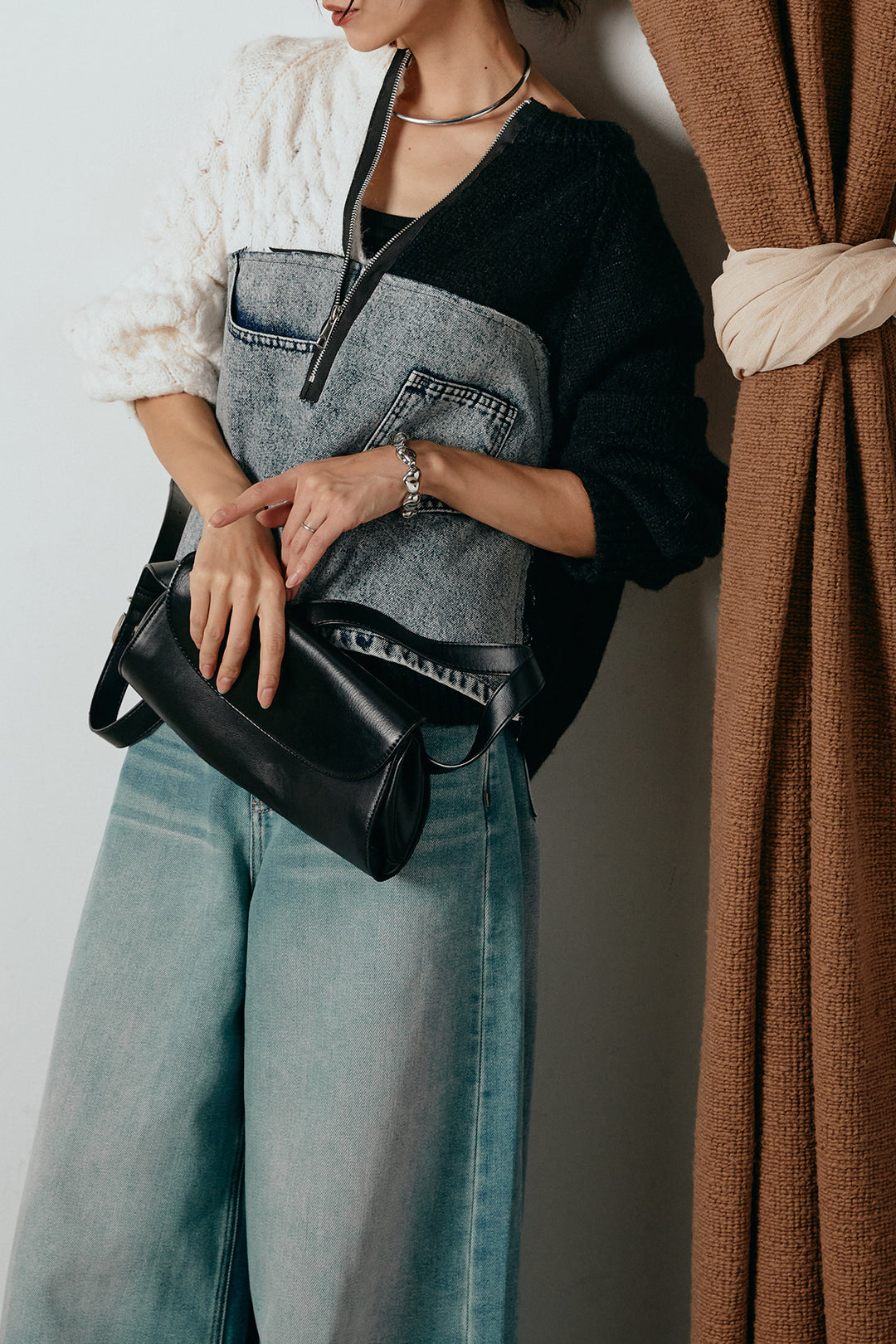 [SET]ハーフジップニットデニムドッキングトップス+ウエストダブルボタンワイドデニムパンツ(2set)