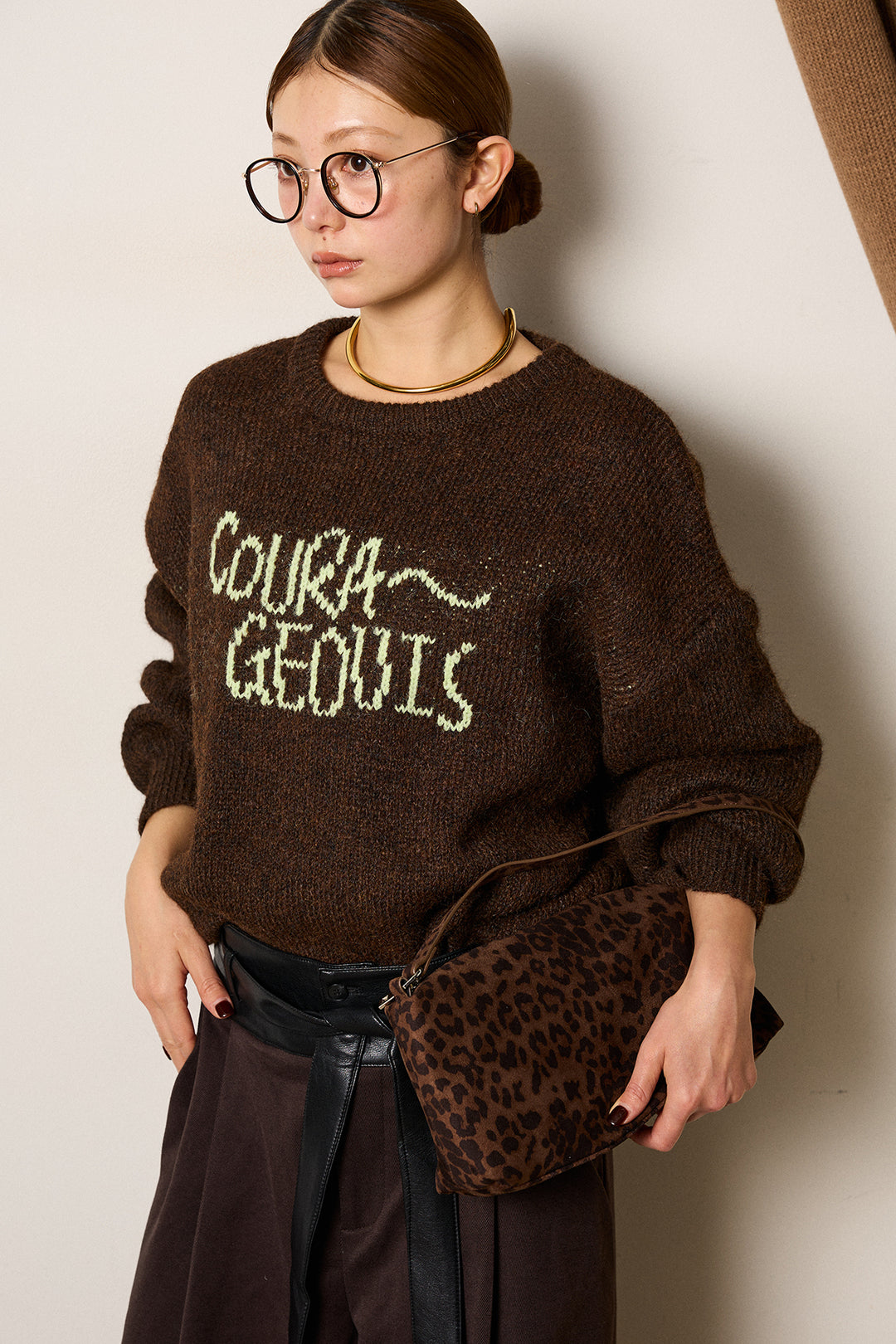 [SET]ロゴシャギーニットプルオーバー+巻ベルトウエストレザーライクワイドパンツ(2set)