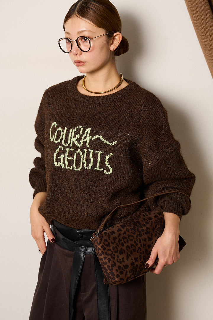 [SET]ロゴシャギーニットプルオーバー+巻ベルトウエストレザーライクワイドパンツ(2set)