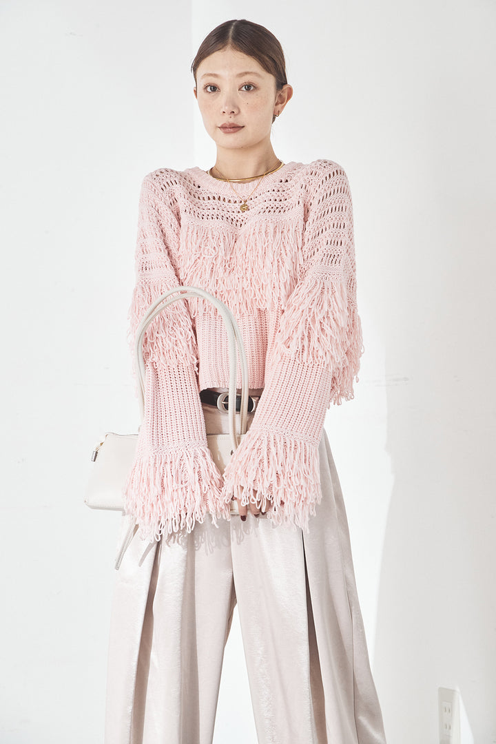 [SET]メッシュフリンジ切り替えプルオーバー+サテンタックワイドパンツ(2set)