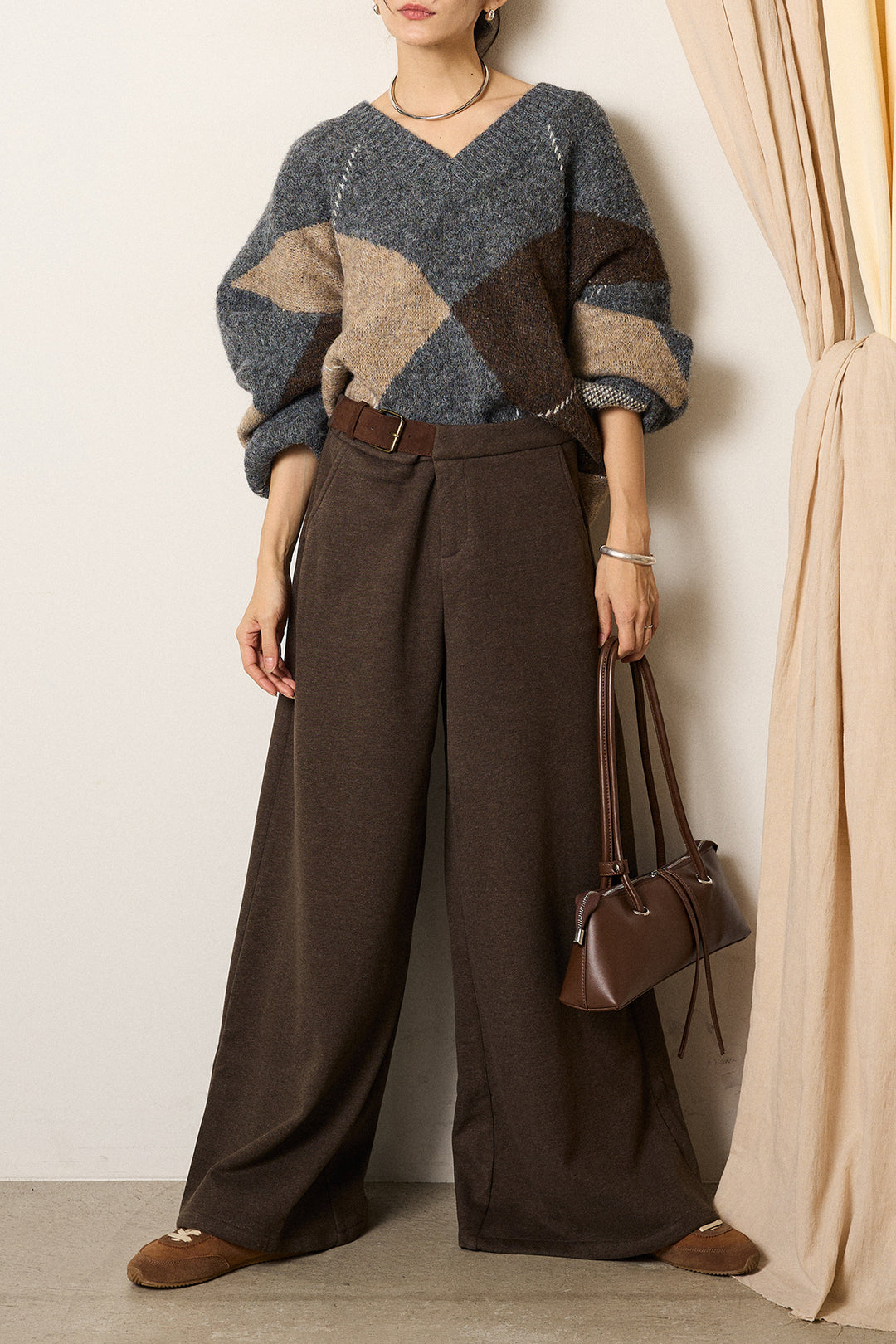 [SET]ルーズアーガイルVネックニット+サイドベルトパンツ(2set)
