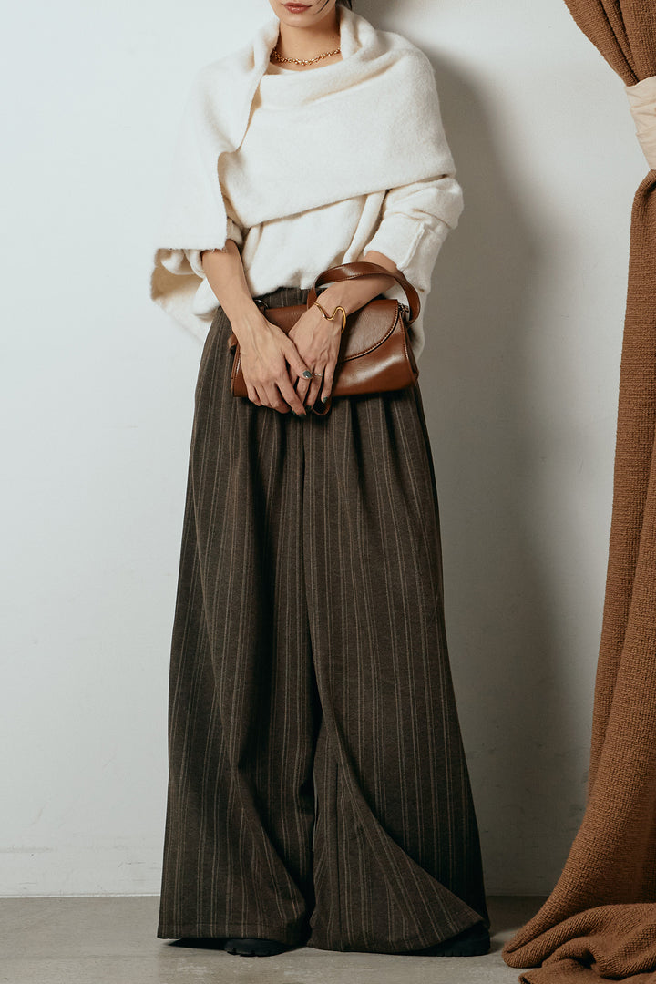 [SET]ネック巻きデザインニットトップス+タック入りマルチストライプ柄ワイドパンツ(2set)