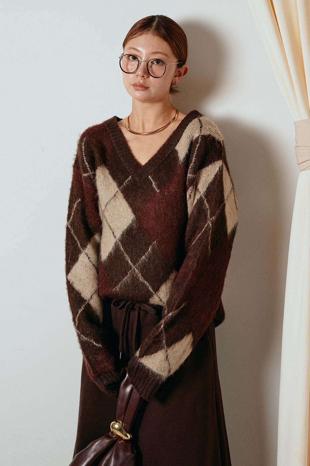 [SET]アクリルモヘアアーガイルVネックプルオーバー+裏起毛スウェットロングマキシスカート(2set)