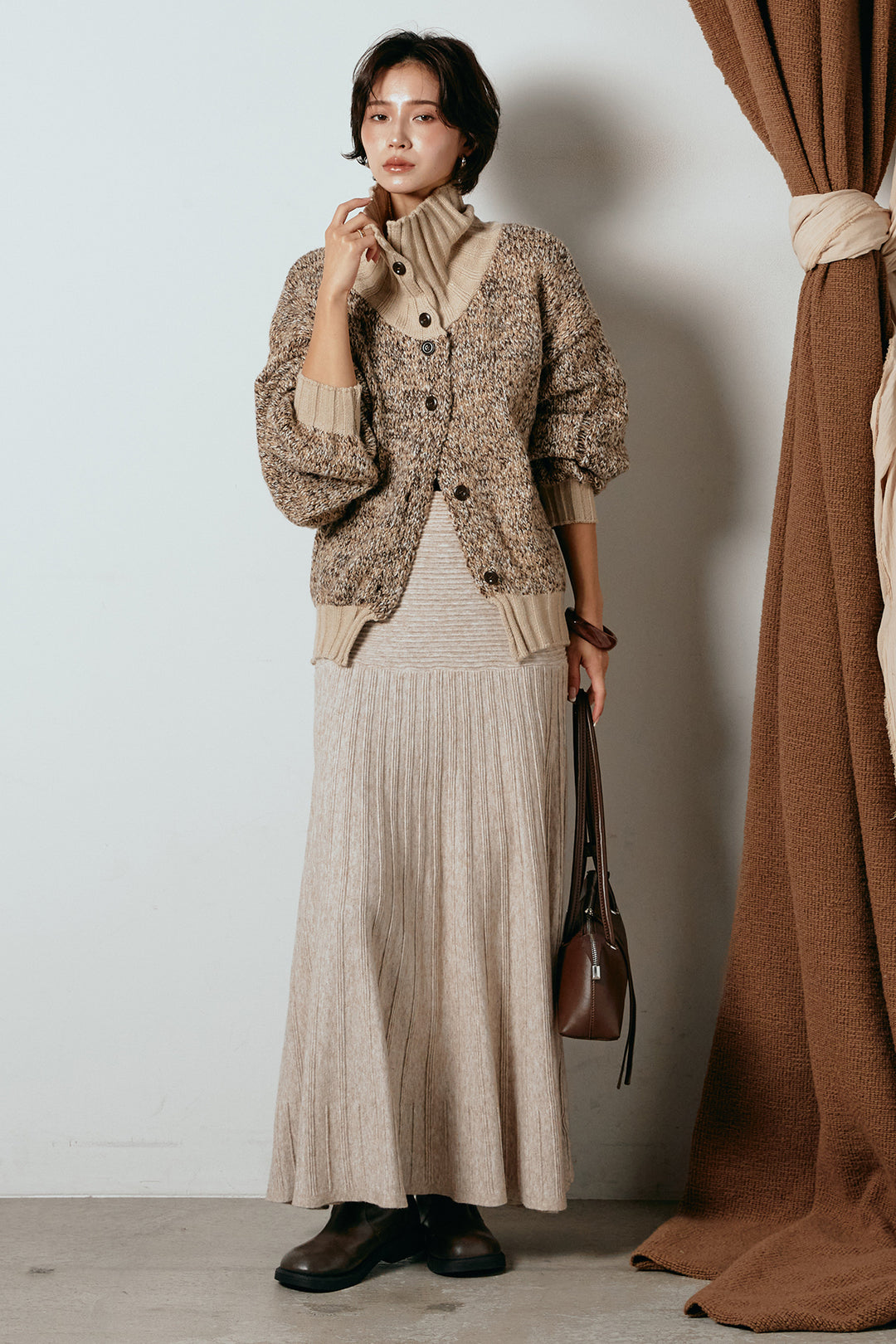 [SET]ハイネックミックスニットカーディガン+編み地切り替えフレアニットスカート(2set)